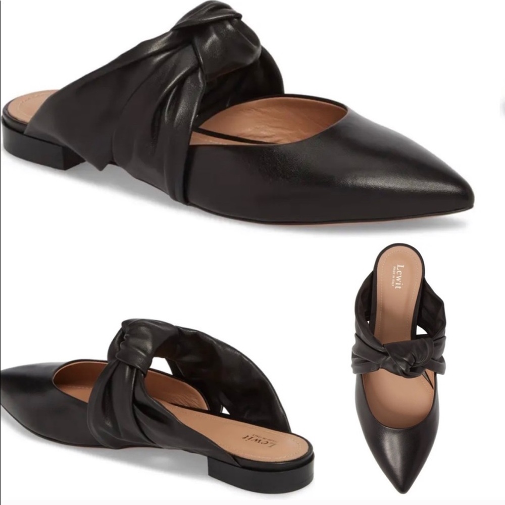 Lewit Black Leather Pointed-Toe Knotted Mules